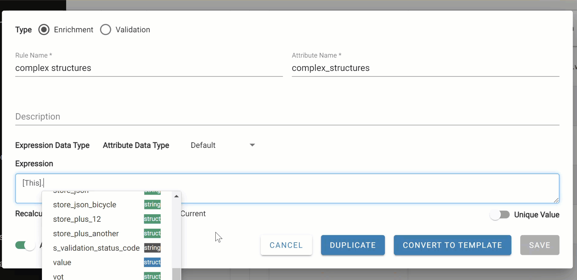 Complex types in DataForge - expression editor with struct navigation