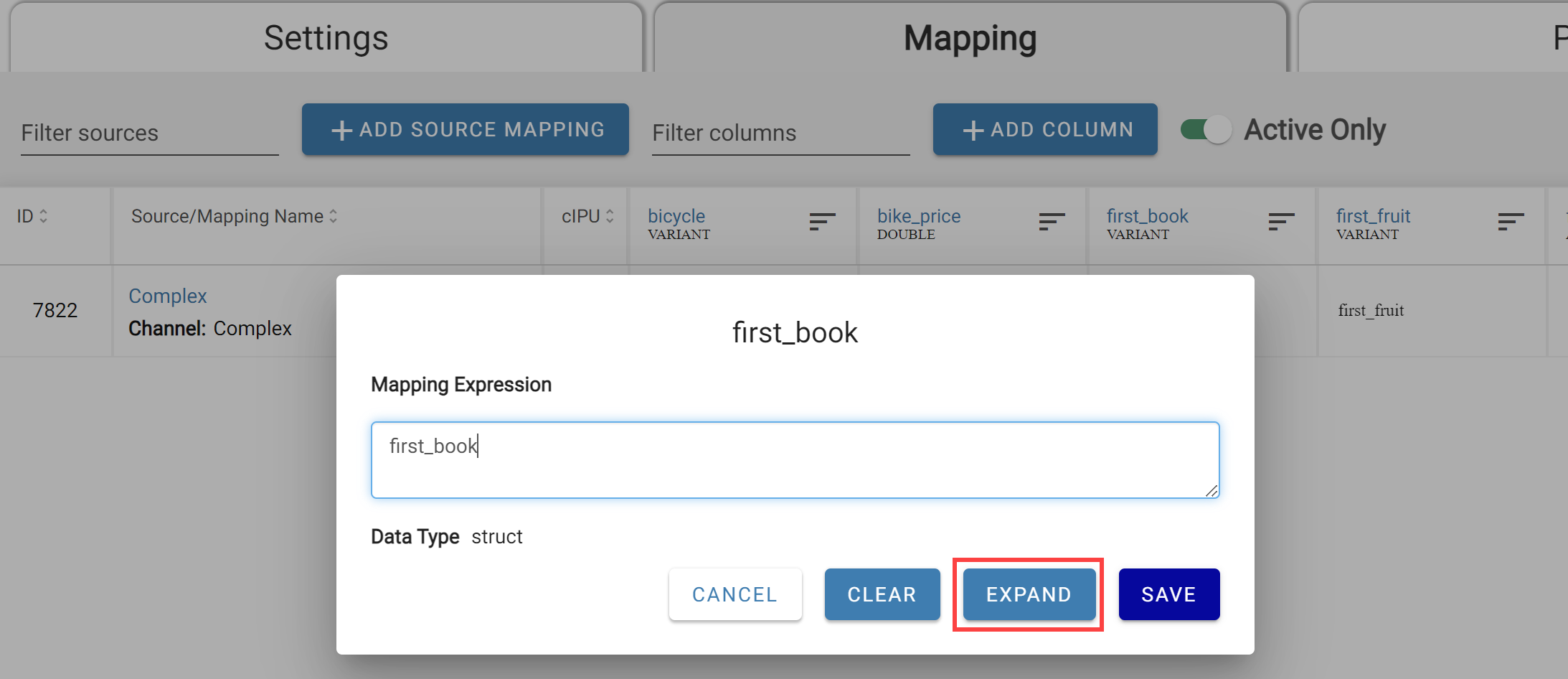 Expanding struct attributes in output mappings - column creation