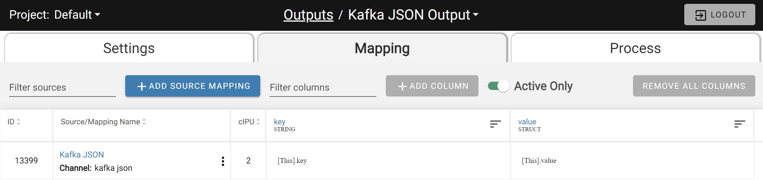 Kafka output configuration with key/value column setup