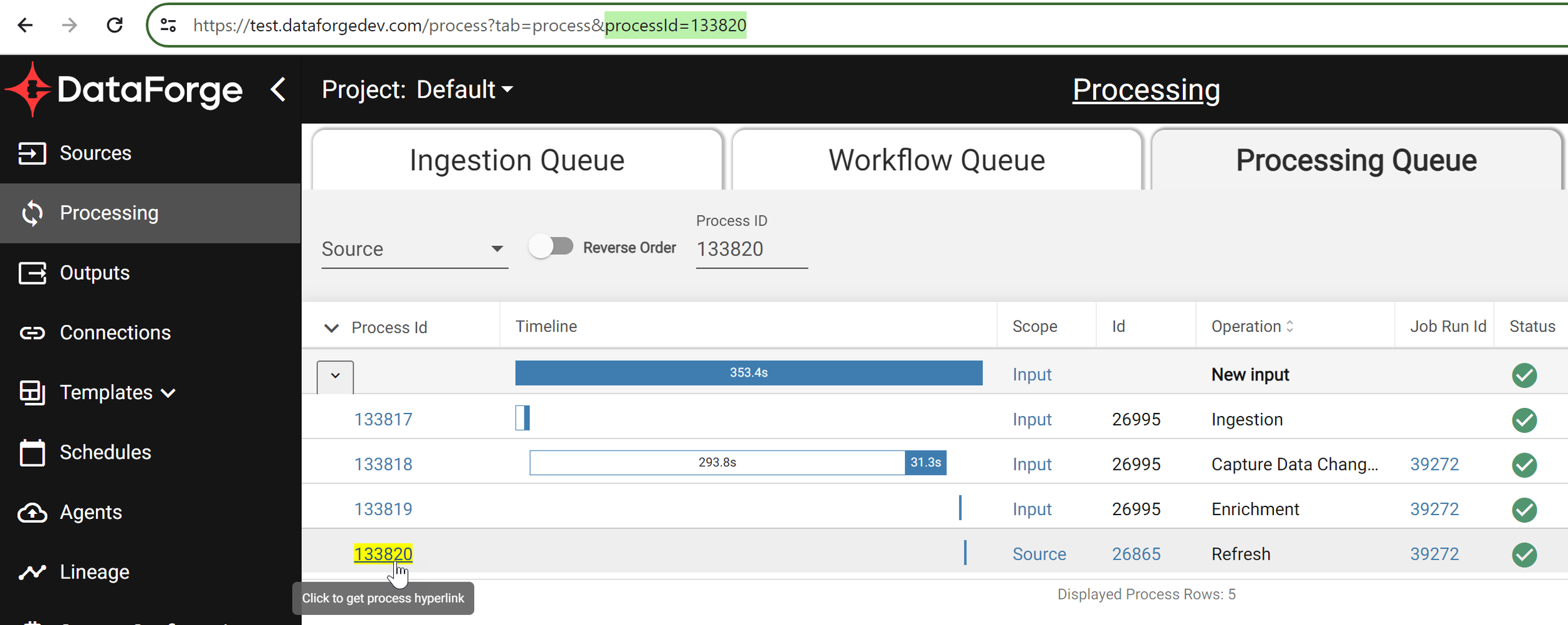 Process ID hyperlink and direct link sharing in DataForge